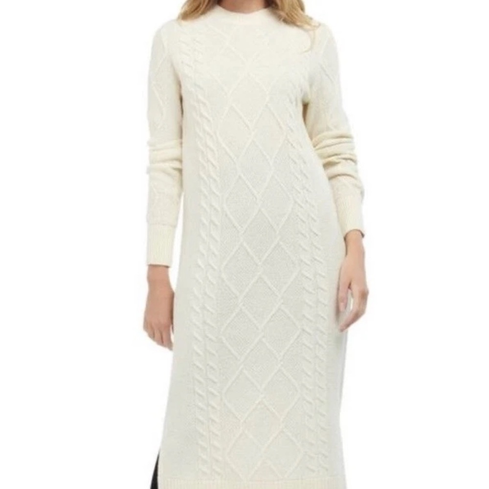 Barbour Wool Blend Heavy Knit Ivory Colored Midi Dress Women’s Size 8 NWT